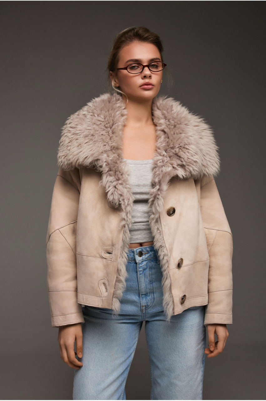 Women's suede sheepskin coat in beige color