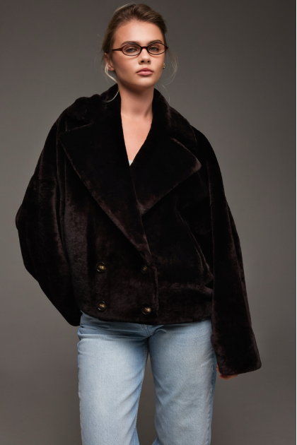 Reversible short bomber jacket in dark chocolate color
