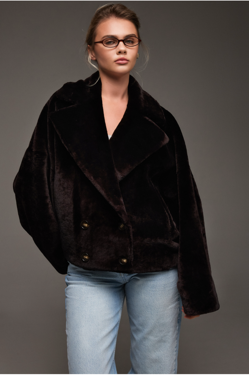 Reversible short bomber jacket in dark chocolate color