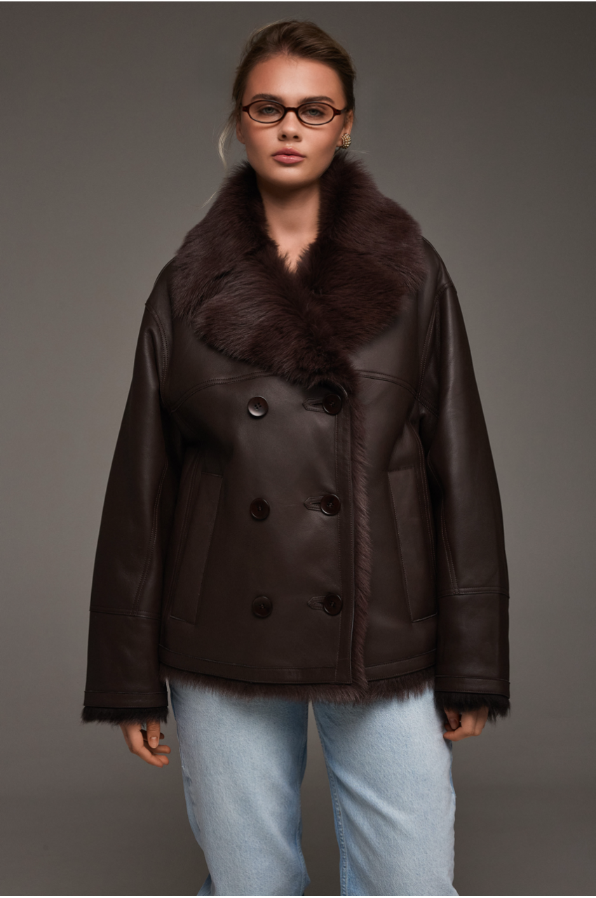 Stylish chocolate-colored Tuscan sheepskin coat