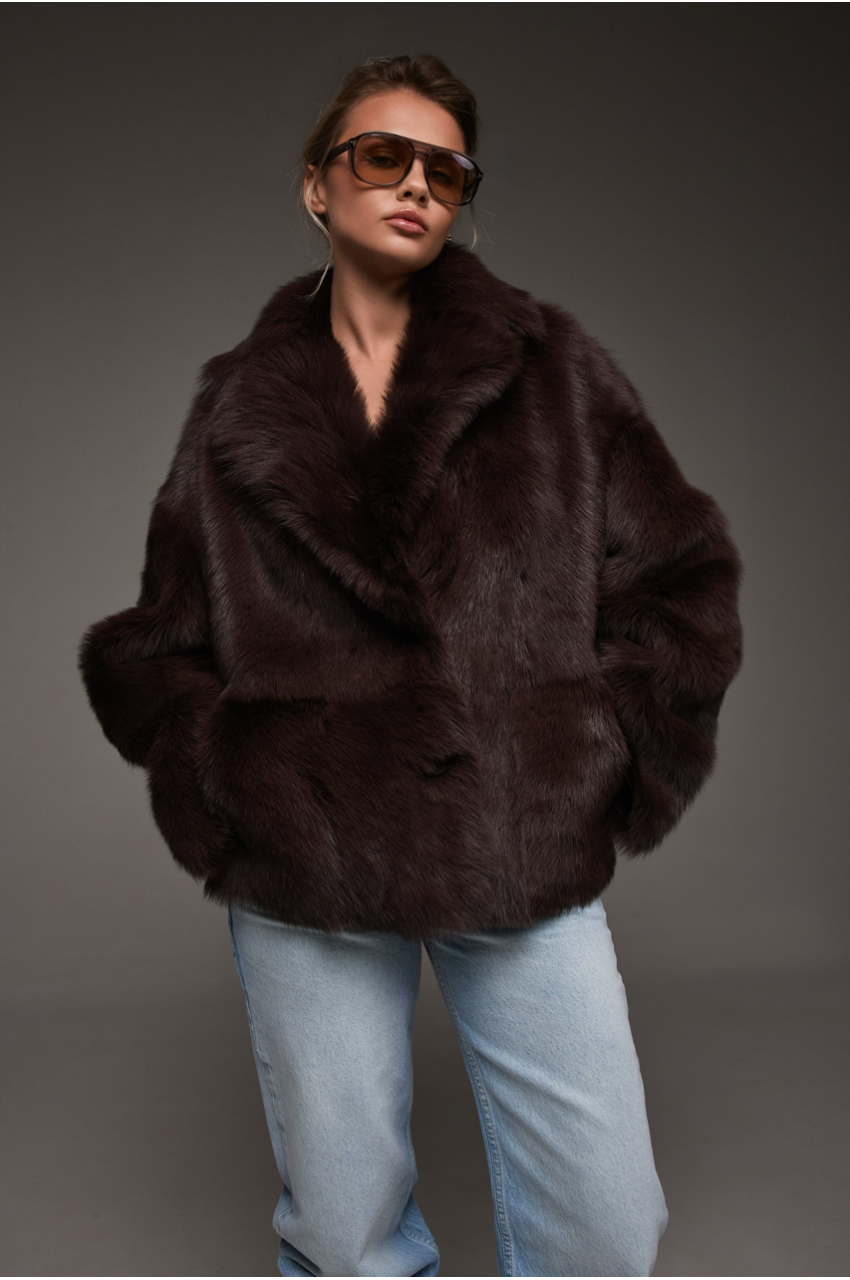 Double-sided sheepskin coat made of Tuscan sheepskin in dark chocolate color