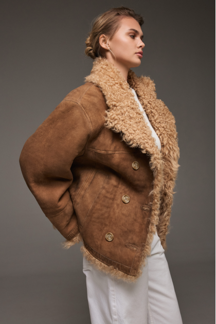 Brown suede sheepskin coat made of natural sheepskin