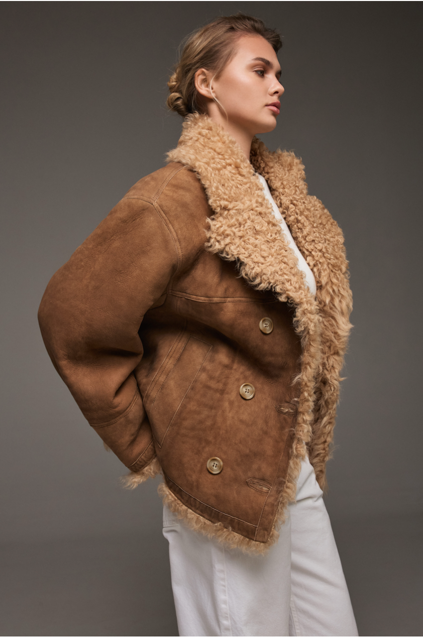 Brown suede sheepskin coat made of natural sheepskin