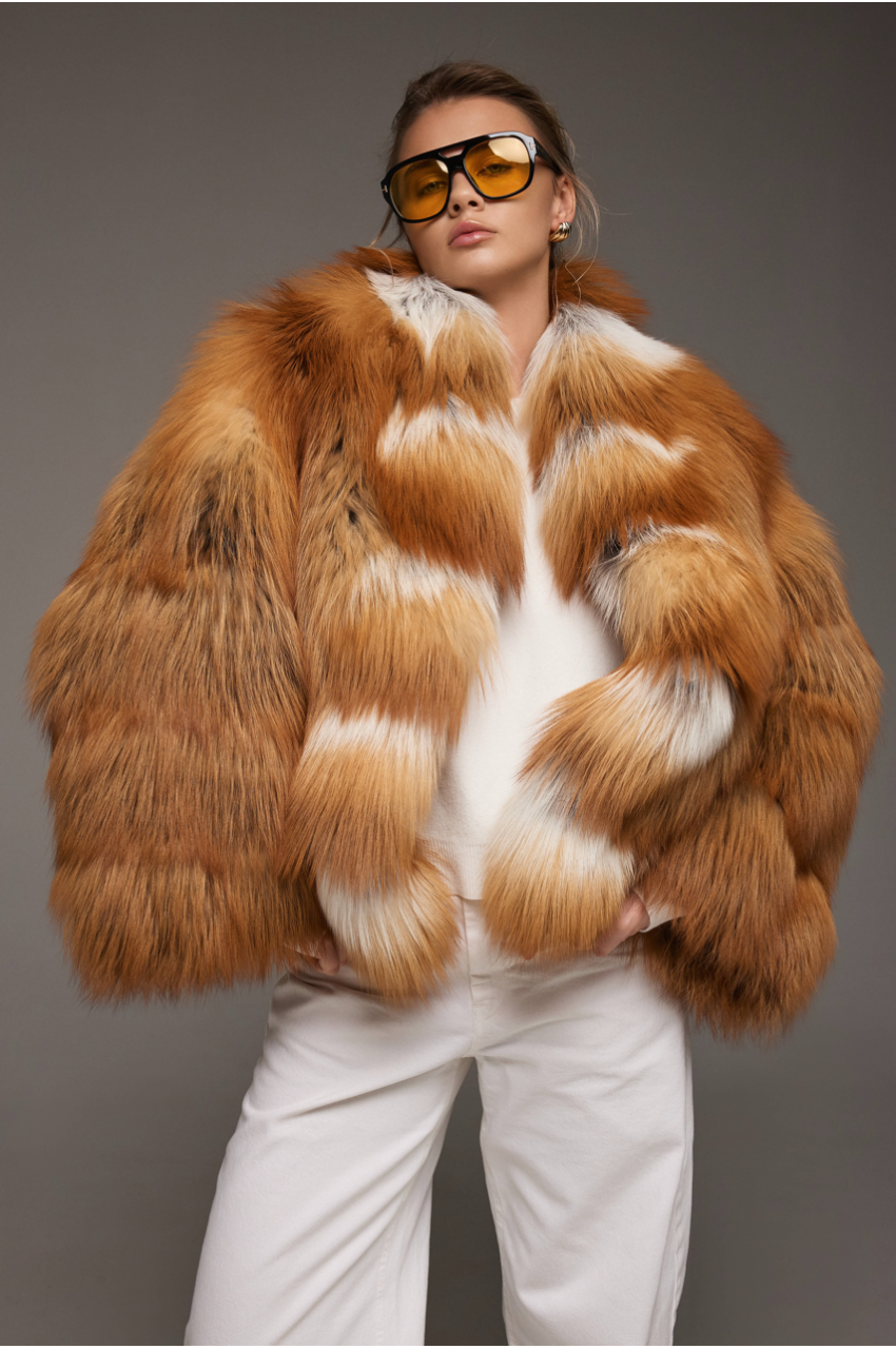 Stylish women's red fox fur coat