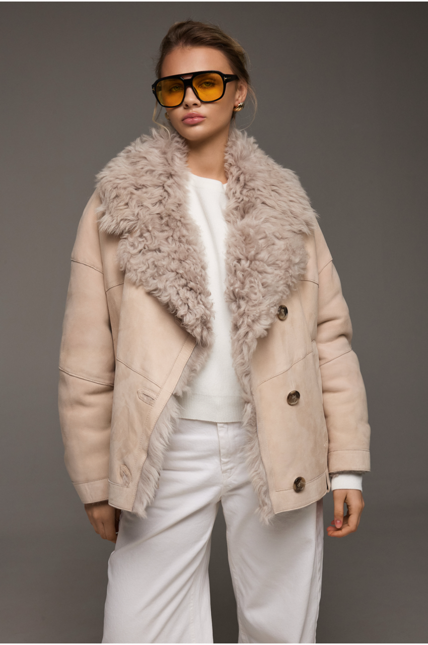 Stylish beige suede sheepskin coat