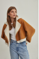 Women's short brown sheepskin coat made of natural sheepskin in VINTAGE style