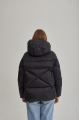 Women's short black down jacket with a hood and natural filling