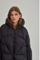 Women's short black down jacket with a hood and natural filling