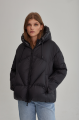 Women's short black down jacket with a hood and natural filling