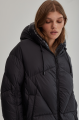 Women's short black down jacket with a hood and natural filling