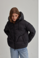 Women's short black down jacket with a hood and natural filling