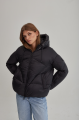 Women's short black down jacket with a hood and natural filling