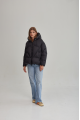 Women's short black down jacket with a hood and natural filling