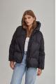 Women's short black down jacket with a hood and natural filling