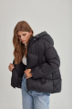 Women's short black down jacket with a hood and natural filling