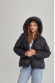 Women's short black down jacket with a hood and natural filling