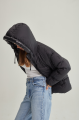 Women's short black down jacket with a hood and natural filling