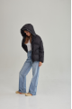 Women's short black down jacket with a hood and natural filling