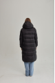 Women's long black down jacket with a hood and natural filling