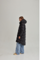 Women's long black down jacket with a hood and natural filling