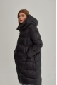 Women's long black down jacket with a hood and natural filling