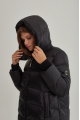 Women's long black down jacket with a hood and natural filling