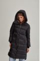 Women's long black down jacket with a hood and natural filling