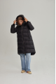 Women's long black down jacket with a hood and natural filling