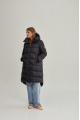 Women's long black down jacket with a hood and natural filling