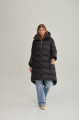 Women's long black down jacket with a hood and natural filling