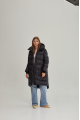 Women's long black down jacket with a hood and natural filling