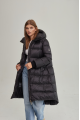 Women's long black down jacket with a hood and natural filling