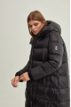 Women's long black down jacket with a hood and natural filling