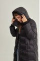 Women's long black down jacket with a hood and natural filling