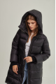 Women's long black down jacket with a hood and natural filling