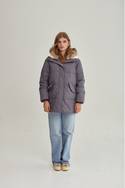 Gray down jacket with hare fur