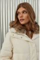 Women's down jacket of white color with a hare fur trim