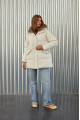 Women's down jacket of white color with a hare fur trim