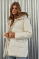 Women's down jacket of white color with a hare fur trim