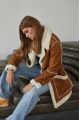 Stylish women's sheepskin coat in red VINTAGE style made of natural sheepskin