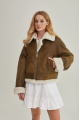 Women's short sheepskin coat made of natural sheepskin in a vintage style in brown color