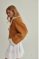 Women's short brown sheepskin coat made of natural sheepskin in VINTAGE style