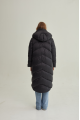 Stylish long black down jacket with a hood and natural filling