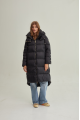 Stylish long black down jacket with a hood and natural filling