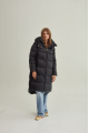 Stylish long black down jacket with a hood and natural filling