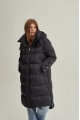 Stylish long black down jacket with a hood and natural filling