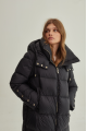 Stylish long black down jacket with a hood and natural filling