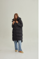 Stylish long black down jacket with a hood and natural filling