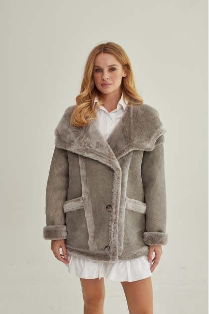 Gray sheepskin coat with a hood