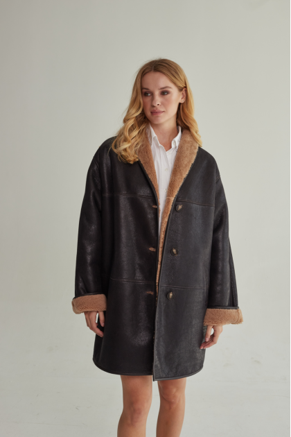 Chocolate-colored sheepskin coat